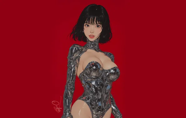 Картинка red, Asian, chrome, AI art, OukenM24, techtock, girl in armor