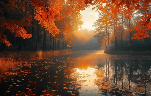 Trees, autumn, mirror of water, red colors