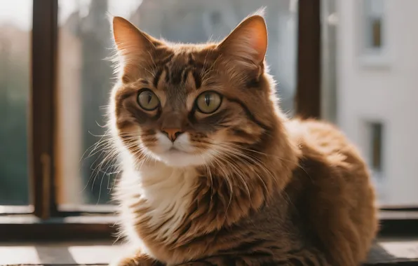 Кошка, кот, взгляд, поза, окно, мордашка, ИИ-арт, нейросеть
