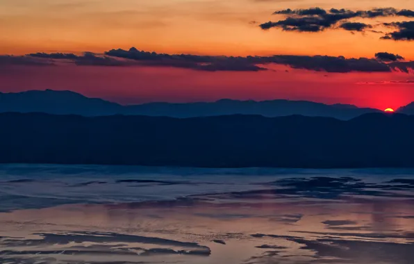 Twilight, sunset, mountain, lake, hills, dusk, peak