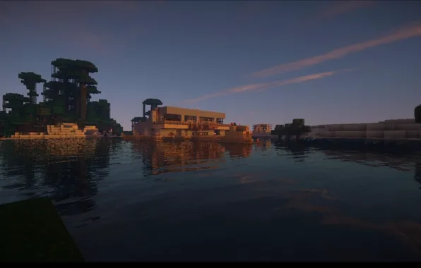 Небо, вода, облака, деревья, дом, берег, залив, Minecraft