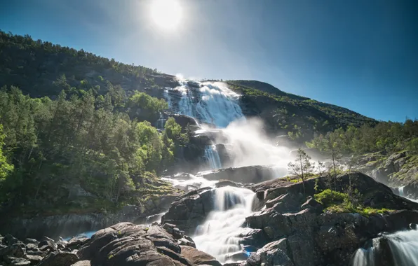 Солнце, Природа, Норвегия, Холмы, Водопады, Uskedal Hordaland Fylke