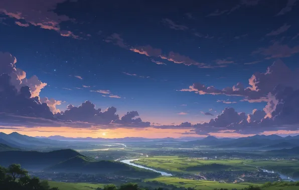 City, river, sky, trees, landscape, nature, sunset, anime
