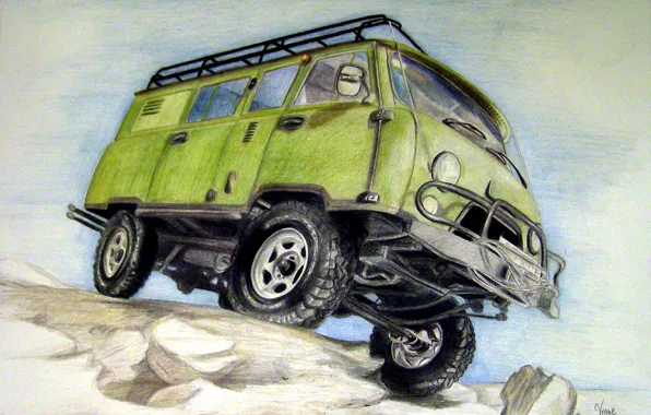 Рисунок, карандаши, полноприводный, специальный грузопассажирский, с колёсной формулой 4×4, «Буханка», двухосный автомобиль повышенной проходимости, УАЗ-452 …