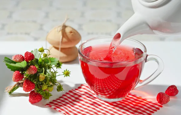 Белый, красный, ягоды, стол, чай, чайник, печенье, земляника
