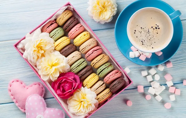 Цветы, подарок, colorful, wood, pink, flowers, hearts, coffee cup