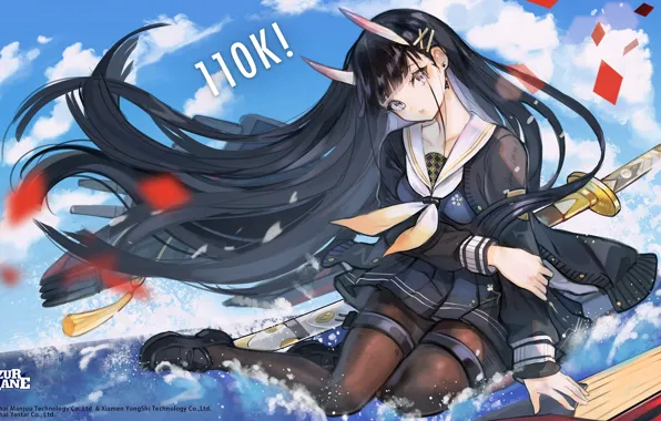 Взгляд, девушка, рога, длинные волосы, Azur Lane, Noshiro