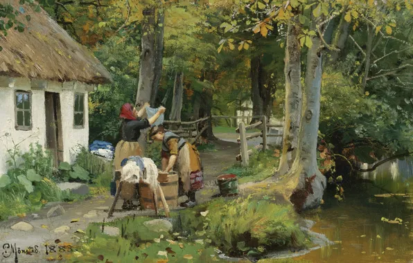 Датский живописец, 1883, Петер Мёрк Мёнстед, Peder Mørk Mønsted, Danish realist painter, День стирки, Washing …