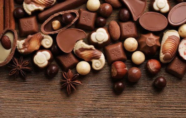 Картинка шоколад, конфеты, сладости, орехи, десерт, бадьян, анис