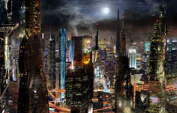 Город, будущее, фантастика, здания, future, City, fantasy, небоскрёбы