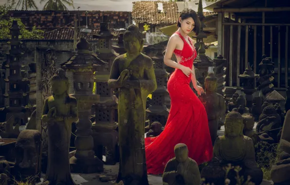 Картинка девушка, стиль, платье, азиатка, красное платье, статуи