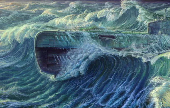 Картинка море, волны, подлодка, подводная лодка