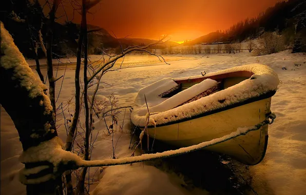 Картинка snow, горы, river, зима, landscape, sunset, trees, sky