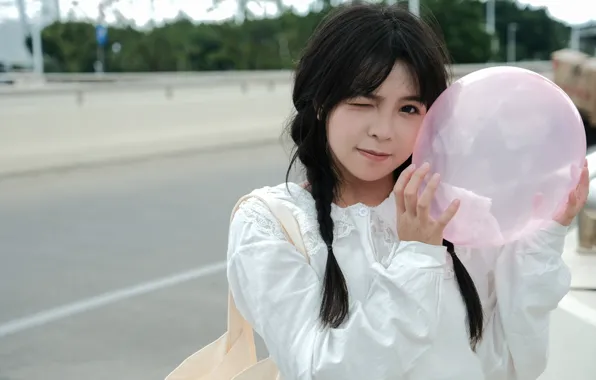 Asian, Model, pretty, Woman, Outdoor, Baloon, Wink
