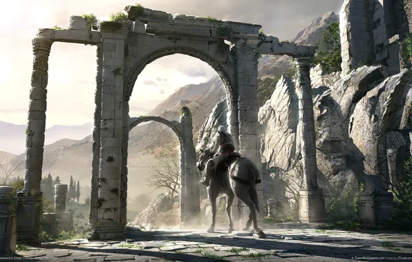 Картинка ворота, всадник, Assassins Creed, руины