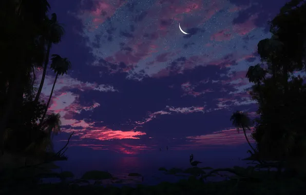 Картинка небо, закат, луна