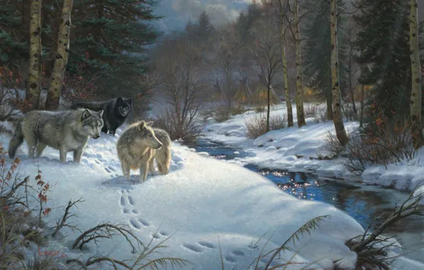 Картинка зима, лес, животные, ручей, вечер, волки, живопись, Mark Keathley