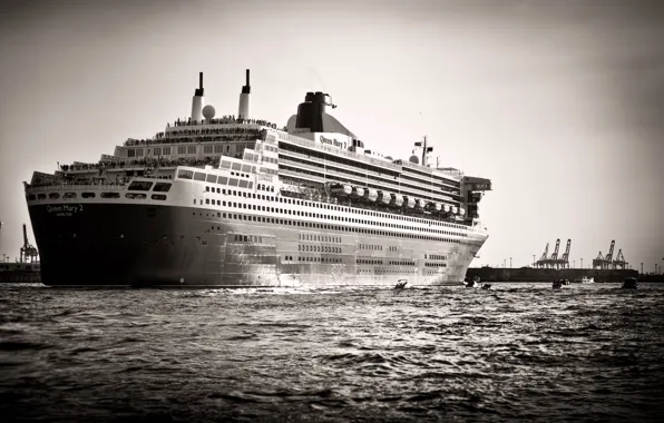 Море, Судно, лайнер, Queen Mary 2, круизное судно, Черно Белое, Carnival Corporation &ampamp; plc