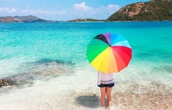 Радуга, vacation, beach, зонт, blue, песок, море, girl