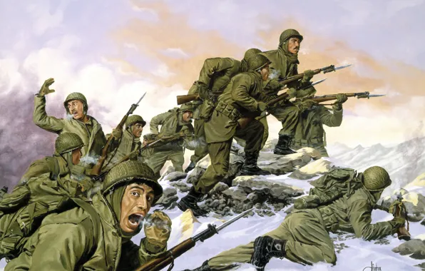 Картинка зима, война, американцы, бегут, южная корея, The Borinqueneers by Dominic D\'Andrea, South Korea -- February …