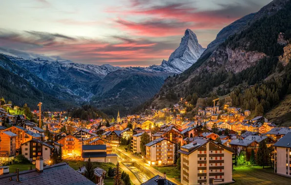 Картинка горы, здания, дома, вечер, Швейцария, Switzerland, Zermatt, Церматт