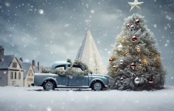 Картинка зима, car, машина, снег, украшения, шары, елка, Новый Год