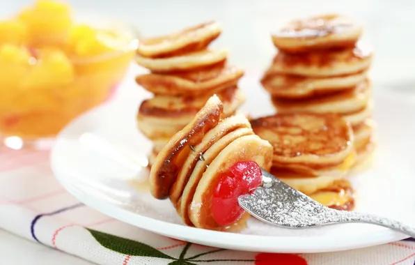 Картинка тарелка, вилка, десерт, Мини блинчики, Mini Pancakes