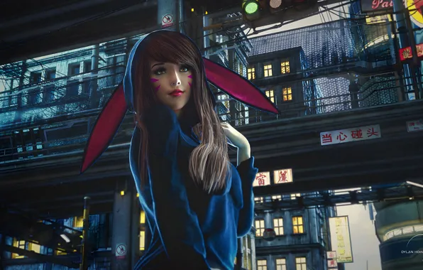 Girl, fantasy, anime, pretty, cartoon, face, bunny, hoodie