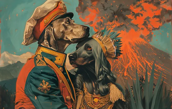 Собаки, фантазия, картина, фэнтези, история, мифология, имитация живописи, ИИ-арт