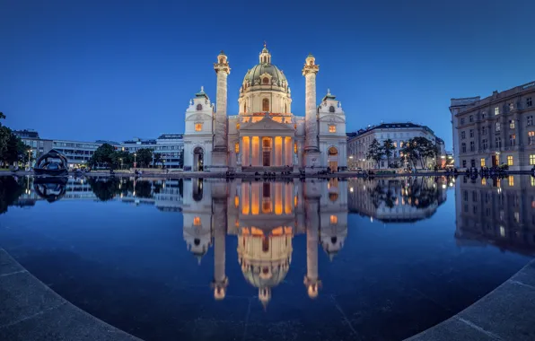 Отражение, Австрия, церковь, ночной город, водоём, Austria, Вена, Vienna