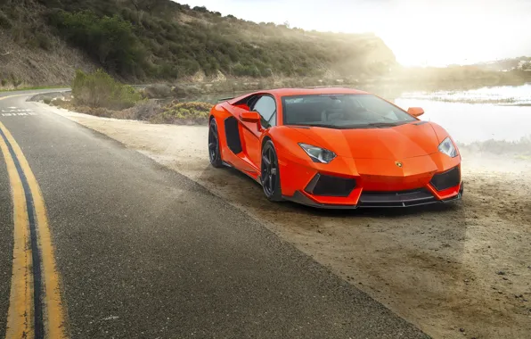 Картинка Lamborghini, Orange, Car, Sun, LP700-4, Aventador, Road