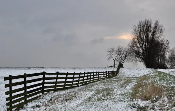 Картинка зима, иней, поле, небо, деревья, забор, серое