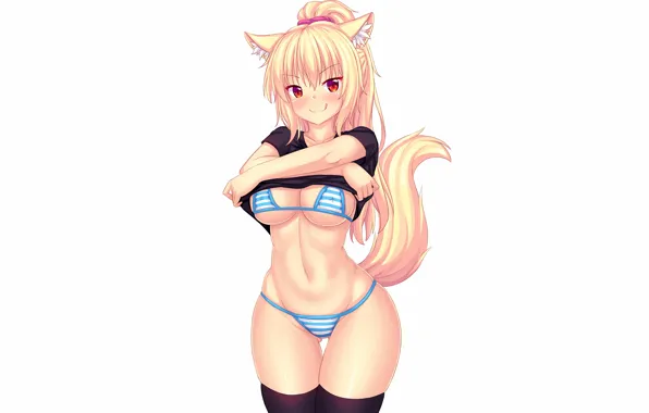 Girl, sexy, cleavage, thighhighs, erect nipples, long hair, boobs, animal ears