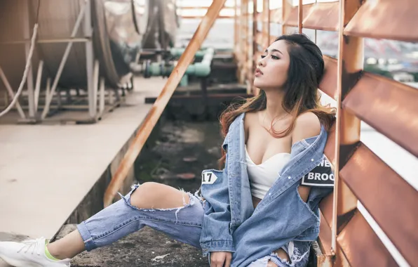 Картинка девушка, поза, стиль, джинсы, азиатка