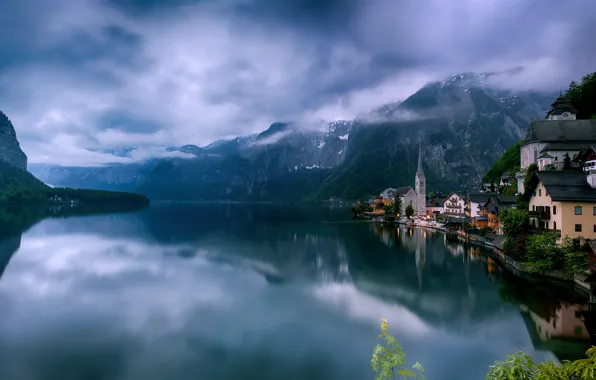Картинка горы, озеро, здания, дома, утро, Австрия, Альпы, Austria