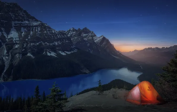 Горы, озеро, скалы, вечер, Канада, палатка, Альберта