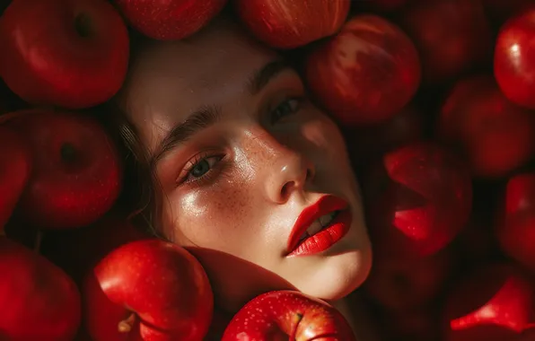 Лето, взгляд, девушка, свет, лицо, поза, яблоки, портрет