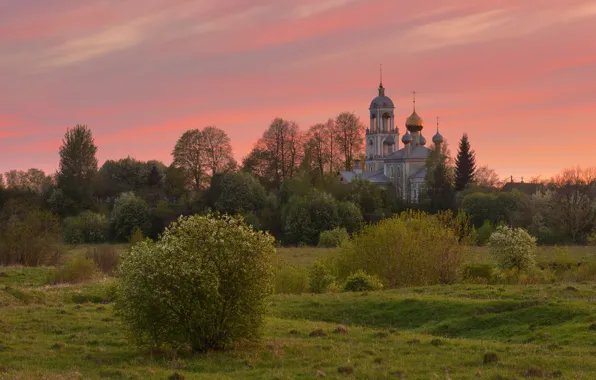 Закат, природа, весна, вечер, церковь, Максим Евдокимов