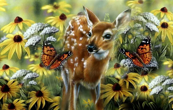 Картинка лето, бабочка, малыш, луг, арт, оленёнок, Rebecca Latham