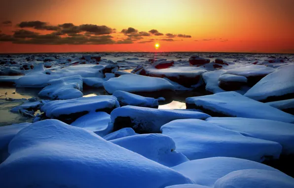 Картинка зима, солнце, снег, океан, горизонт, льдины