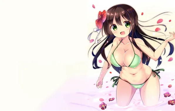 Girl, sexy, cleavage, flower, green eyes, long hair, brown hair, boobs
