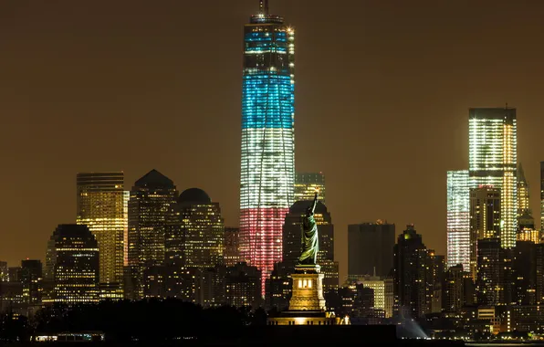 Ночь, город, небоскребы, USA, статуя свободы, New York City