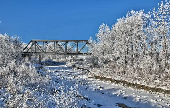 Картинка зима, небо, снег, деревья, мост, русло
