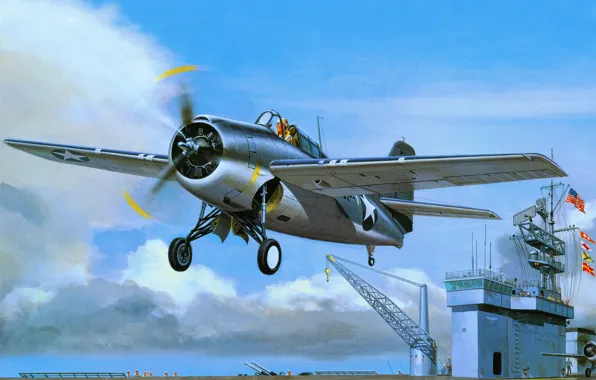 Картинка арт, авианосец, американский, Grumman, истребитель-бомбардировщик, палубный, вылет, F4F