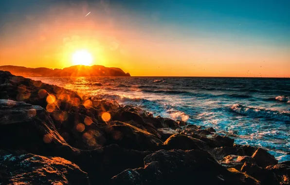 Море, небо, камни, берег, красота, sky, лучи света, sea