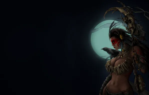 Девушка, Ворон, Луна, Girl, Moon, Skull, Night, Colored