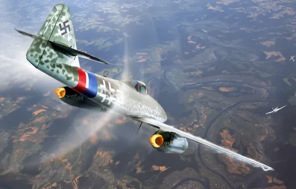 Рисунок, mustang, арт, Messerschmitt, воздушный бой, Me.262, p-51, Schwalbe