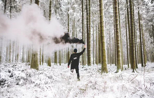 Картинка зима, лес, снег, черный, дым, мужчина