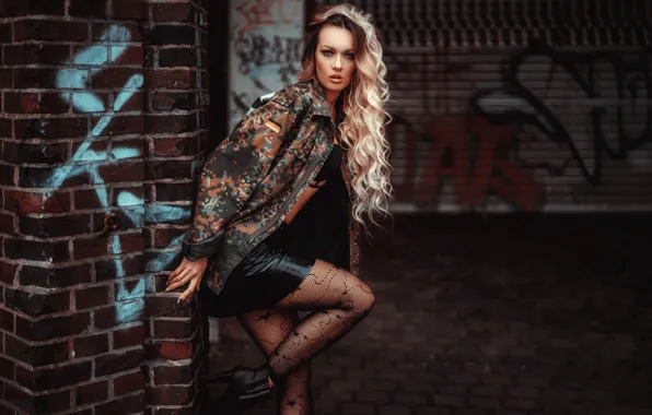 Поза, стена, модель, волосы, куртка, ножки, локоны, Olya Alessandra