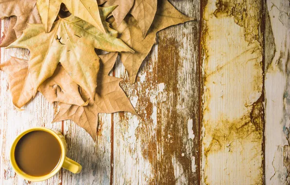 Картинка осень, листья, фон, дерево, кофе, чашка, wood, background